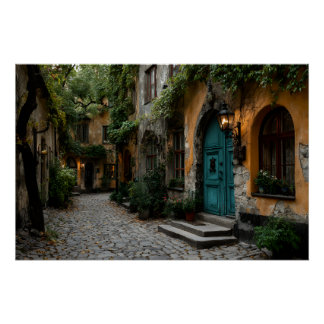 Charming Cobblestone Alley Ivy Lantern Glow Poster