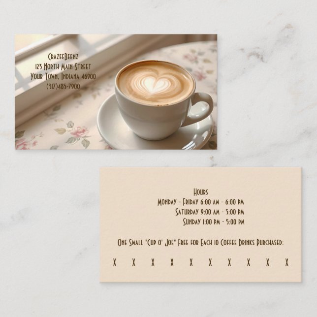 Charming Coffee & Latte Art Coffee Shop & Punch Business Card (Front/Back)
