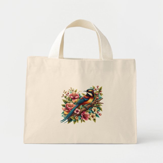 Charming Colourful Bird and Flower Mini Tote Bag (Front)
