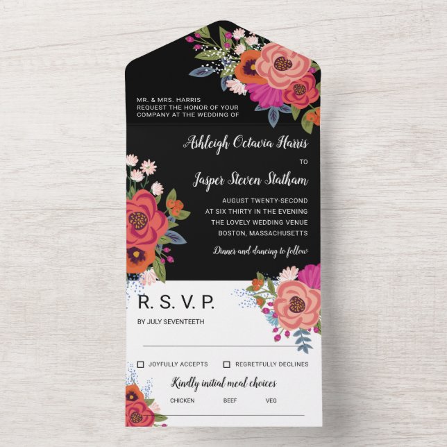 Charming Colourful Boho Flowers Black Wedding All  In One Invitation (Inside)