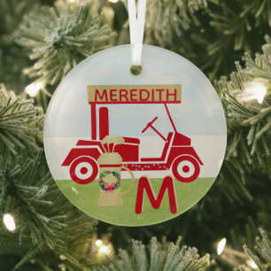 Charming Colourful Cart Red Gold Name Monogram     Glass Tree Decoration