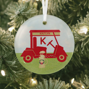 Charming Colourful Cart Red Gold Name Monogram Glass Tree Decoration