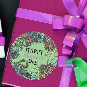 Charming Colourful Doodle Flowers Mother's Day Classic Round Sticker