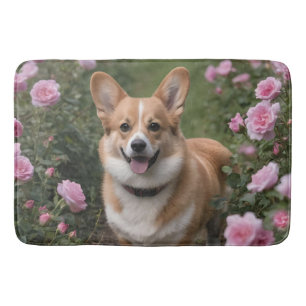 "Charming Companion: A Corgi in a Pink Rose Garden Bath Mat