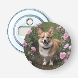 "Charming Companion: A Corgi in a Pink Rose Garden Bottle Opener