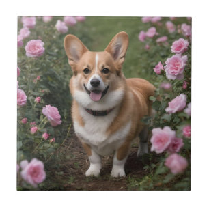"Charming Companion: A Corgi in a Pink Rose Garden Ceramic Tile