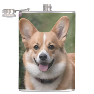 "Charming Companion: A Corgi in a Pink Rose Garden Hip Flask