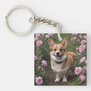 "Charming Companion: A Corgi in a Pink Rose Garden Key Ring
