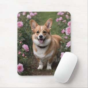 "Charming Companion: A Corgi in a Pink Rose Garden Mouse Pad