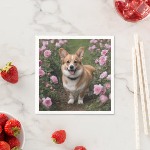 "Charming Companion: A Corgi in a Pink Rose Garden Napkin