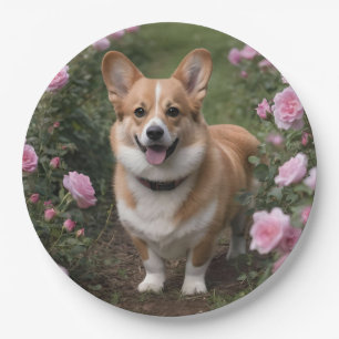 "Charming Companion: A Corgi in a Pink Rose Garden Paper Plate