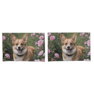 "Charming Companion: A Corgi in a Pink Rose Garden Pillowcase