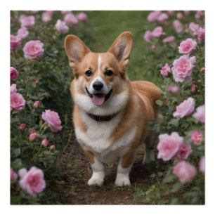 "Charming Companion: A Corgi in a Pink Rose Garden Poster