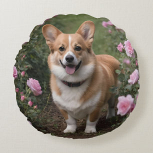 "Charming Companion: A Corgi in a Pink Rose Garden Round Cushion