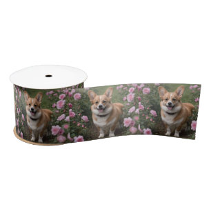 "Charming Companion: A Corgi in a Pink Rose Garden Satin Ribbon