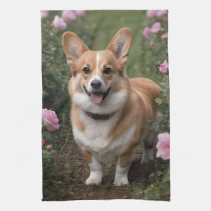 "Charming Companion: A Corgi in a Pink Rose Garden Tea Towel