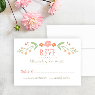 Charming Coral and Green Floral Wedding RSVP Card
