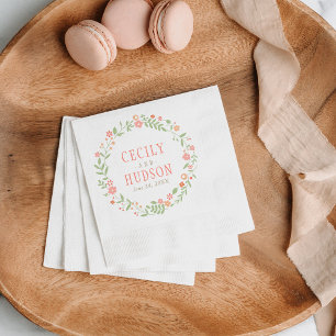 Charming Coral Pink Green Floral Wreath Wedding Napkin