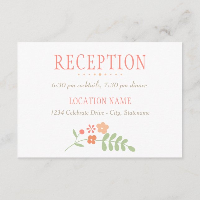 Charming Coral Pink Green Wedding Reception Enclosure Card (Front)