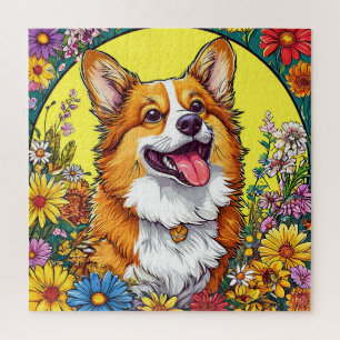 Charming Corgi Surrounded by Colourful Flowers Jigsaw Puzzle
