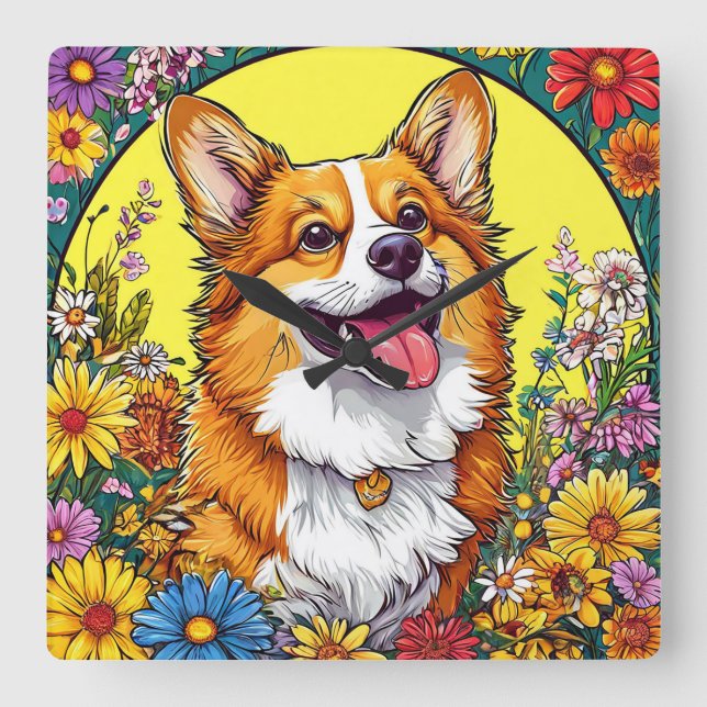 Charming Corgi Surrounded by Colourful Flowers Square Wall Clock (Front)