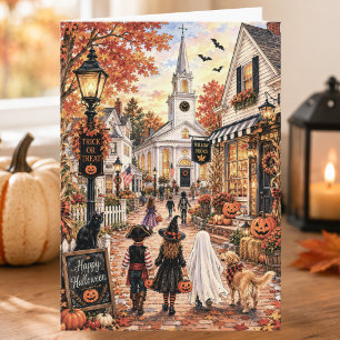 Charming Cosy New England Village Happy Halloween Card