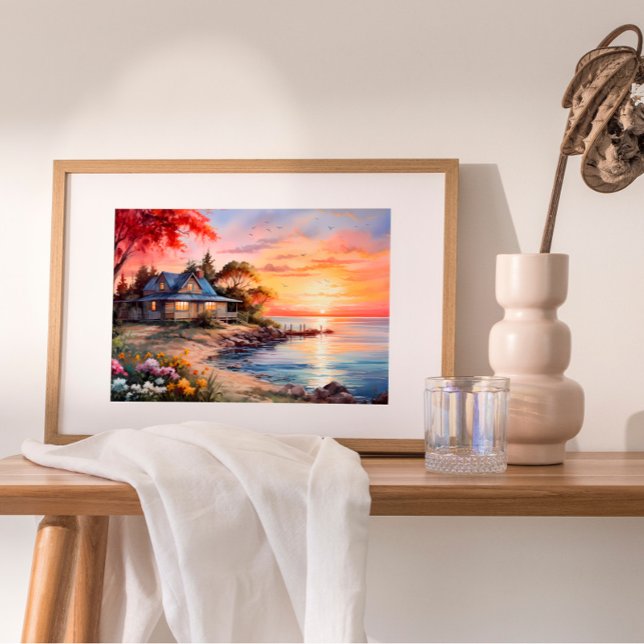 Charming Cottage Seascape Tranquil Sunset Poster (Indulge in coastal haven's serene beauty with a captivating digital oil painting. )