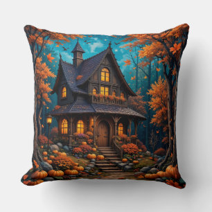 Charming Cottage with Pumpkins in an Autumn Forest Cushion