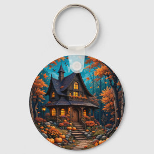 Charming Cottage with Pumpkins in an Autumn Forest Key Ring
