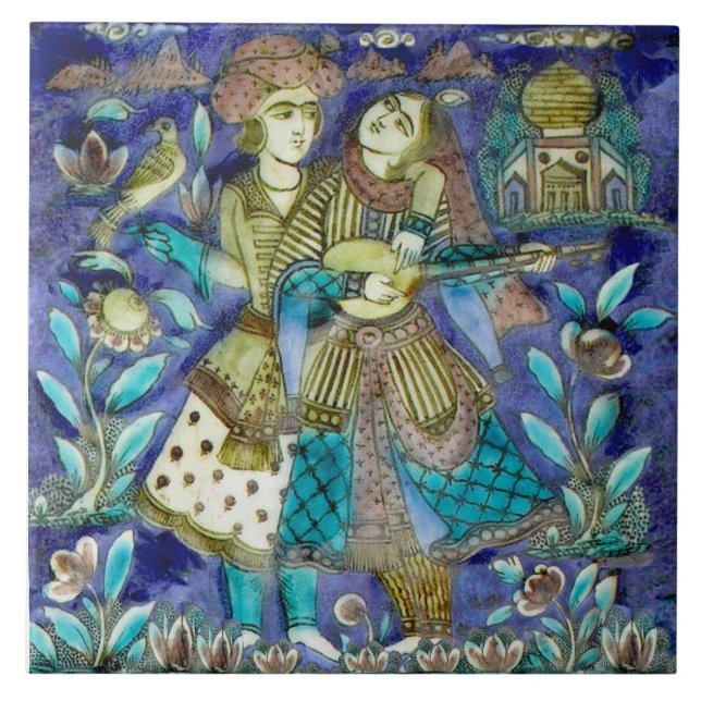 Charming Couple w/Bird, Lute Persian 1800s Repro Ceramic Tile (Front)