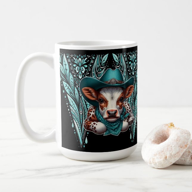 Charming Cow With Artistic Western Cowboy Hat  Coffee Mug (With Donut)