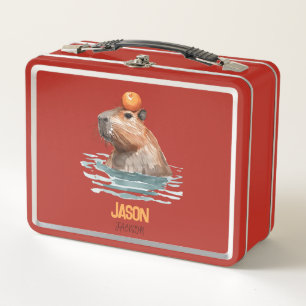 Charming Cute Capybara with Orange and Kids Name Metal Lunch Box