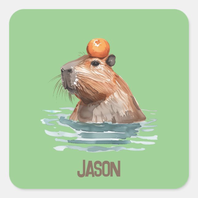Charming Cute Capybara with Orange and Kids Name Square Sticker (Front)