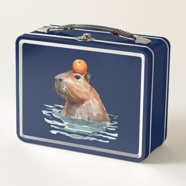 Charming Cute Capybara with Orange Metal Lunch Box (Front)