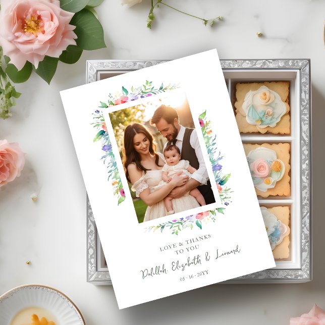 Charming Cute Floral Frame Christening Photo Thank You Card (Cherish Cute Floral Frame Christening Photo Thank You Card. )