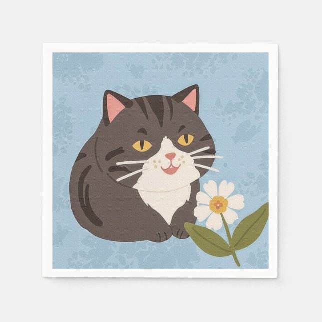 Charming Cute Gray Cat with a Chamomile FLower Napkin (Front)