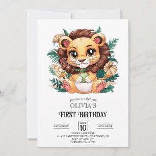 Charming Cute Lion 1st Birthday Digital Invitation
