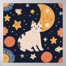 Charming Cute Little Kitten Among Stars and Fish Poster