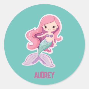 Charming Cute Pastel Mermaid with Kids Name Classic Round Sticker