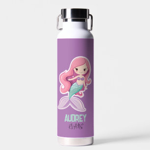 Charming Cute Pastel Mermaid with Kids Name Water Bottle