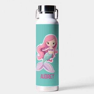 Charming Cute Pastel Mermaid with Kids Name Water Bottle