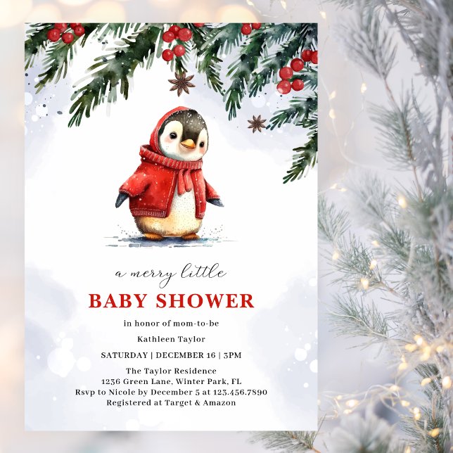 Charming Cute Penguin Winter Christmas Baby Shower Invitation (Creator Uploaded)