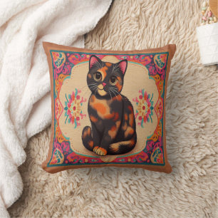 Charming Cute Tortoiseshell Cat Vibrant Border Cushion