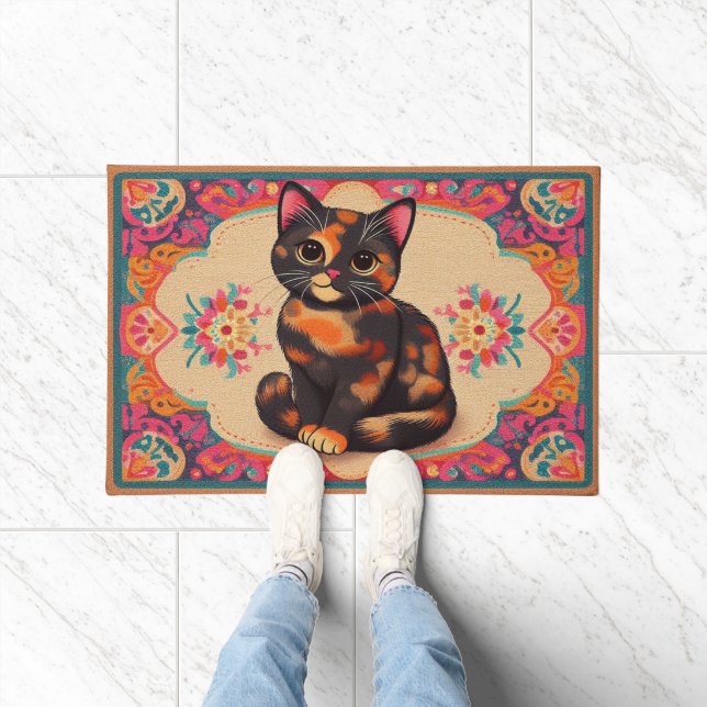 Charming Cute Tortoiseshell Cat vibrant border Doormat (Indoor)
