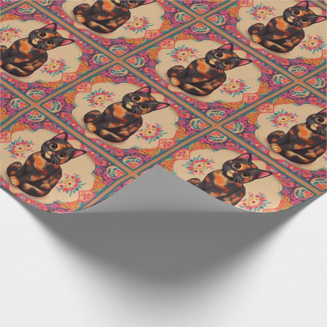 Charming Cute Tortoiseshell Cat Vibrant Border Wrapping Paper (Corner)