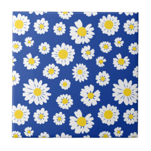 Charming Daisy Floral Design Blue Background Ceramic Tile