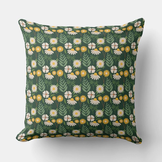 Charming Daisy Floral Green Yellow Pattern Cushion (Front)