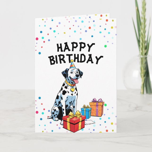 Charming Dalmatian with Gift Boxes Birthday Card (Front)