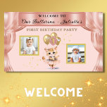 Charming Dancing Kitten Photo First Birthday Girl Banner<br><div class="desc">Ready for a theatre near you -- this charming and unique "announcement / Playbill style" invitation - with that precious dancing kitten (please note the ballet slippers and bow) and the pink and gold balloons-- completed with her custom script name. And, place holders for two photos, and a few gold...</div>