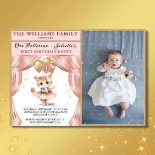Charming Dancing Kitten Photo First Birthday Girl Invitation